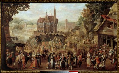 Kermesse en Audenarde (Bélgica). Fiesta frente a la iglesia del pueblo. Pintura de David Vinckboons (o Vinckeboons o Vinkeboons 1576-1629) de David Vinckboons