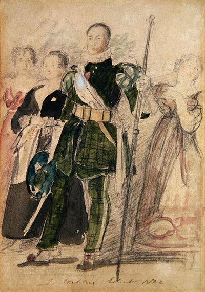 Un arquero y un grupo de mujeres en el Palacio de Holyrood durante la visita del rey de David Wilkie