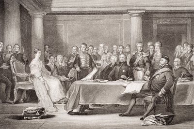 Primer Consejo de la Reina Victoria, Palacio de Kensington, 21 de junio de 1837, de `Ilustraciones de la Historia Inglesa y Escocesa