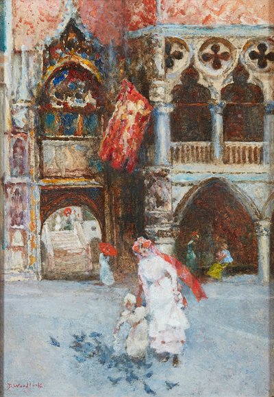 Alimentando a las palomas, Plaza de San Marcos, Venecia de David Woodlock
