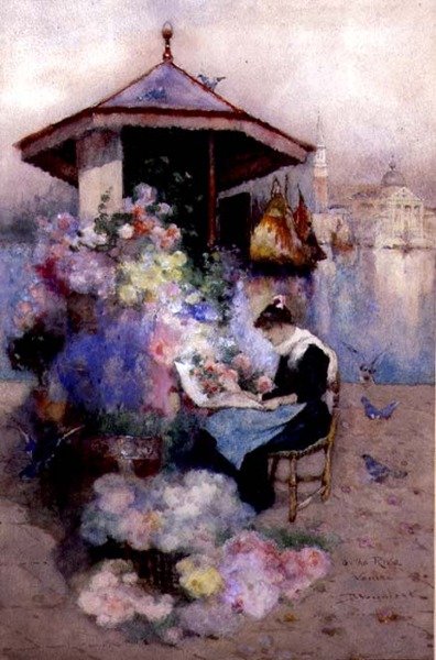 Vendedora de flores en la Riva, Venecia de David Woodlock