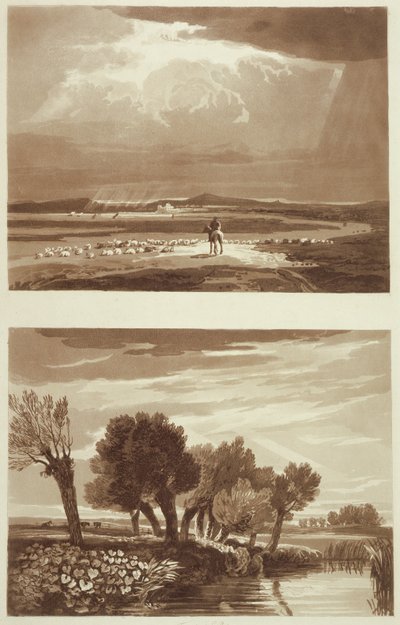 Un efecto después de una tormenta... y Efecto transitorio, Vista en Battersea Marsh, ilustraciones de Un tratado sobre paisaje y efecto en acuarelas, 1841 de David after Cox