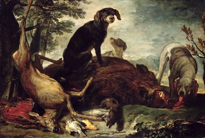 Perros con jabalí y ciervo muertos de David de Coninck