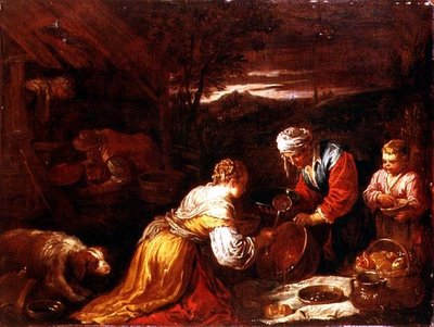 Campesinos preparando comida fuera de una cabaña, un paisaje extenso más allá de David the Younger (attr. to) Teniers
