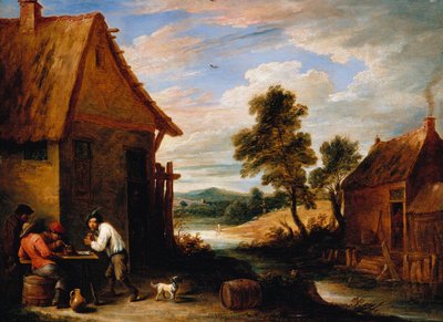 Un paisaje fluvial con campesinos fuera de una taberna de David Teniers the Younger