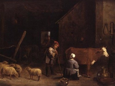 Un pastor hablando con una lechera en un establo de David Teniers the Younger
