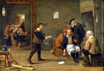 Un grupo de hombres calentándose frente a una chimenea. de David Teniers the Younger