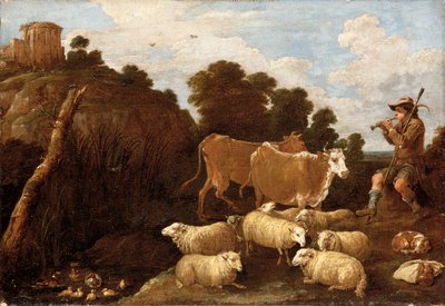 Un paisaje fluvial con un pastor tocando una flauta con ruinas clásicas en una colina al fondo de David Teniers the Younger