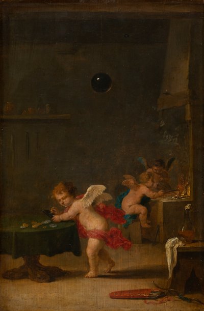 Amoretti en el taller de un alquimista, c.1635-37 (óleo sobre madera de roble) de David the Younger Teniers