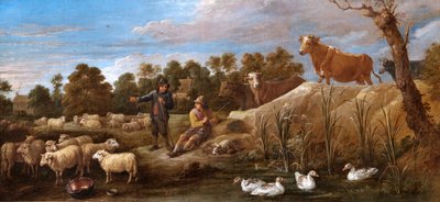 Paisaje con dos pastores, ganado y patos (óleo sobre lienzo) de David Teniers the Younger