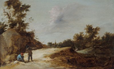 Campesinos descansando en un sendero en un paisaje rocoso y boscoso de David Teniers the Younger