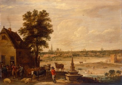 Campesinos negociando la venta de un cerdo en la frontera de la ciudad de Amberes (óleo en panel) de David Teniers the Younger