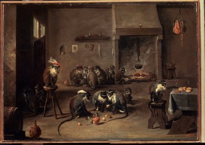 Monos en la cocina. Pintura de David Teniers el joven (1610-1690). Óleo sobre lienzo, 36 x 50,5 cm, hacia 1640. Arte flamenco, arte barroco. Museo del Hermitage, San Petersburgo. de David Teniers the Younger