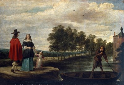El artista, su mujer y su hijo junto al foso de su mansión, Perck (óleo sobre lienzo) de David Teniers the Younger