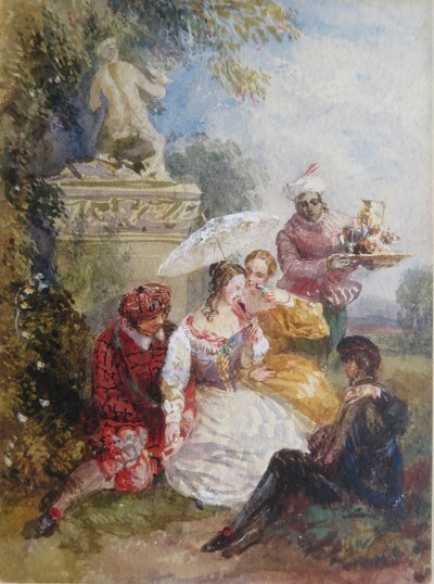Invitados elegantes a una fiesta de disfraces en una casa de campo de David the younger Cox