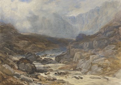 Escena montañosa galesa con río torrencial (acuarela con tiza negra y color de la carrocería sobre papel) de David the younger Cox