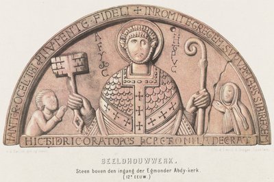 Tympaan van Egmond: tambor de arco con Petrus, el conde Dirk VI de Holanda y su madre, la condesa Petronella, hacia 1120 Escultura. Piedra sobre la entrada de la iglesia de Egmonder Abdy (siglo XII) (título sobre el objeto) de David van der Kellen