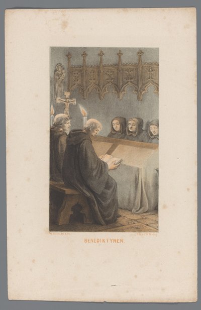 Cinco monjes benedictinos leyendo y rezando
Benedictinos (título en el objeto) de David van der Kellen