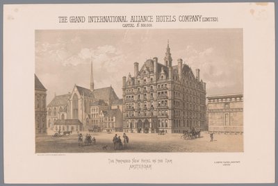 Diseño para un hotel propuesto en Dam Square en Amsterdam El propuesto New Hotel on the Dam Amsterdam (título sobre el objeto) The Grand International Alliance Hotels Company (Limited) capital £ 300,000 (título sobre el objeto) de Day and Co.