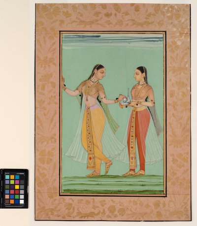 Una dama de pie recibe una bandeja de su criada, c.1670 de Deccani School