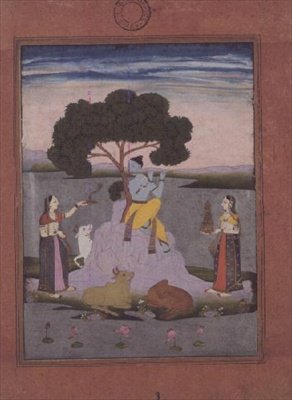 gato BL. no.428, de un álbum de Johnson no. 20 elemento 3, Krishna jugando con dos gopis, Hyderabad, c.1770 (gouache con borde dorado, teñido de rosa) de Deccani School