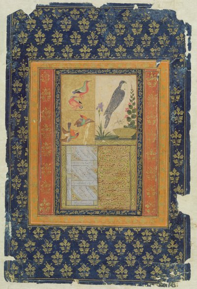 Estudio de aves y caligrafía, Golconda, Andhra Pradesh, 1570 de Deccani School