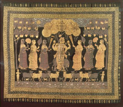 Krishna y sus Gopis (acuarela opaca, oro y plata sobre algodón teñido) de Deccani School