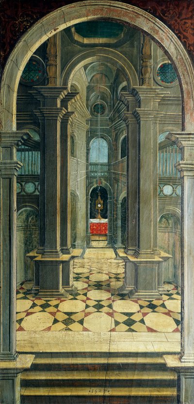 Perspectiva en la sección trasera del coro del siglo XVI, Iglesia de San Jerónimo, Biella, Italia de Defendente Ferrari