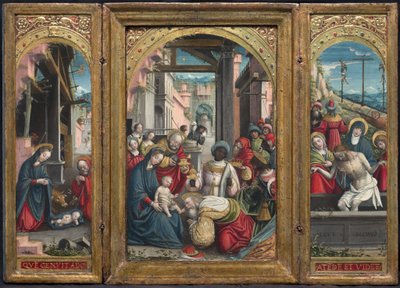 Tríptico con la Natividad en el centro, a la derecha la Adoración de los Magos, a la izquierda la Deposición de Cristo en el sepulcro, 1523 de Defendente Ferrari