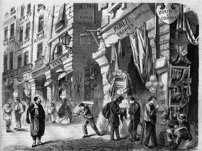 París, vista de las galerías cubiertas en la planta baja de las casas de la rue de la Tonnellerie, también llamadas los pilares de Les Halles, grabado según el dibujo de Delannoy, en "L