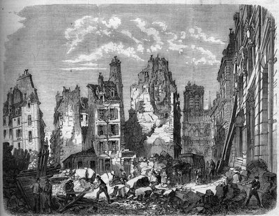 Transformaciones de París bajo el Segundo Imperio, Haussmann París. Destrucción de parte de la Île de la Cité para la expansión del Hôtel-Dieu, grabado según un de Delannoy Delannoy