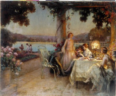 Al atardecer en la terraza. Pintura de Delphin Enjolras (1857-1945), Mención obligatoria: Colección fundación regards de Provence. Marsella (cm 57x73) DR de Delphin Enjolras