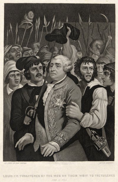 Luis XVI amenazado por la multitud en su visita a las Tullerías, 20 de junio de 1792, grabado por John Sartain de Denis Auguste Marie (after) Raffet