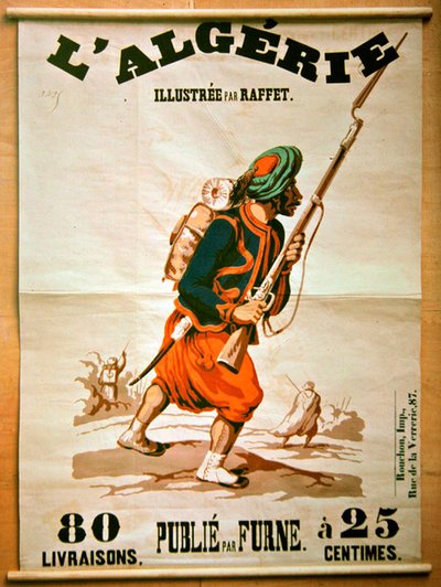 Póster de librería anunciando una serie de publicaciones sobre Argelia de Denis Auguste Marie Raffet