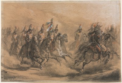 Carga de caballería, c. 1840 (tiza negra, roja, amarilla, azul y blanca) de Denis Auguste Marie Raffet