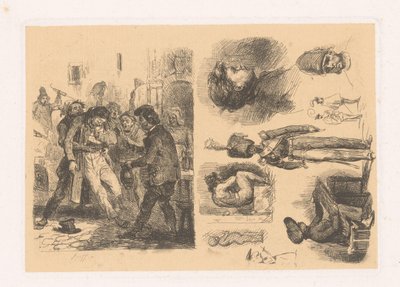 Grupo de hombres, al lado una composición que incluye un soldado
Croquis; Scènes de la Révolution de Denis Auguste Marie Raffet