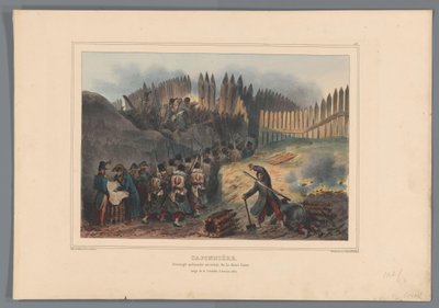 Apertura de una puerta de trekt de soldado de grupo en empalizada, 1832 Caponier, empalizada frente a la media luna (título sobre objeto) Dibujos hechos de la naturaleza en el asedio de la Ciudadela de Amberes por Raffet (título de la serie sobre el objeto de Denis Auguste Marie Raffet