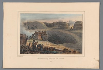 Militairten binnen een bastión, 1832 Interior del Baluarte de Toledo (título sobre objeto) Dibujos hechos de la naturaleza en el asedio de la Ciudadela de Amberes por Raffet (título de la serie sobre el objeto) de Denis Auguste Marie Raffet
