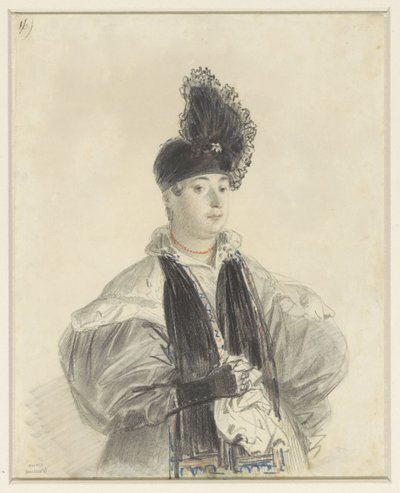 Retrato de una dama de pie con chal negro y sombrero negro de Denis Auguste Marie Raffet