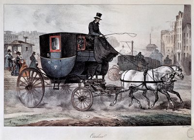 Transporte público en el siglo XIX: un coche en las calles de París (grabado en color) de Denis Auguste Marie Raffet