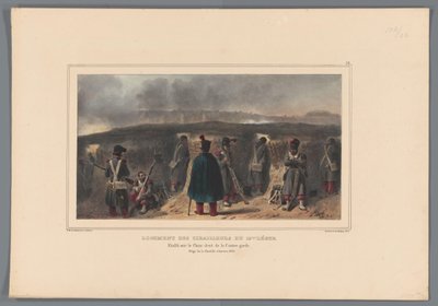 Schutters comprando borstwering, 1832 Vivienda de los tiradores de la luz 19 (título sobre objeto) Dibujos realizados del natural en la sede de la Ciudadela de Amberes por Raffet (título sobre objeto) de Denis Auguste Marie Raffet