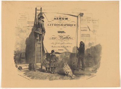Dos hombres pegan un cartel contra la pared
Album lithographique de 1837 (título de la serie en el objeto) de Denis Auguste Marie Raffet