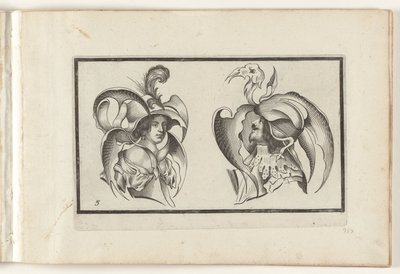 La cabeza de un hombre y una mujer con sombreros y collares grotescos Diseños de sombreros (título de la serie) Ouvrage rare et nouveau, contenido plusieurs desseins de merveilleuse recreación sous diversitys capprices et gentillesses representees en l
