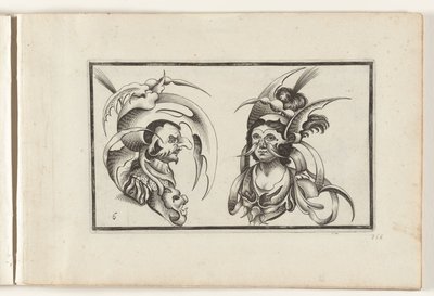 Cabezas masculinas y femeninas con sombreros y collares grotescos Diseños de sombreros (título de la serie) Ouvrage rare et nouveau, contenido plusieurs desseins de merveilleuse Recreation sous diversitys caprices et gentillesses representees en l