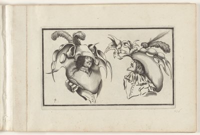 Dos cabezas de hombre con sombreros y cuellos grotescos
Diseños para sombreros (título de la serie)
Ouvrage rare et nouveau, contenant plusieurs desseins de merveilleuse recreation sous divers caprices et gentilesses représentées en l