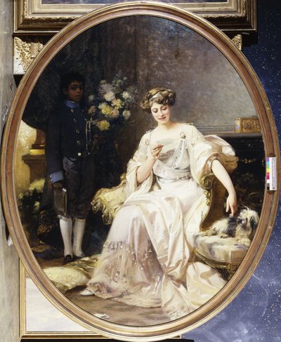 Retrato de una dama, que se dice es Anna de Noailles, sentada de cuerpo entero, con un paje negro en un interior de Denis Etcheverry