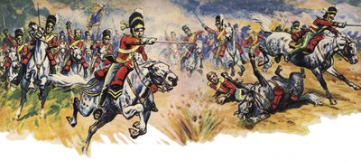 "¡A por ellos, grises!" La carga de la Brigada de la Unión (Caballería) en la Batalla de Waterloo (litografía en color) de Derek Charles Eyles