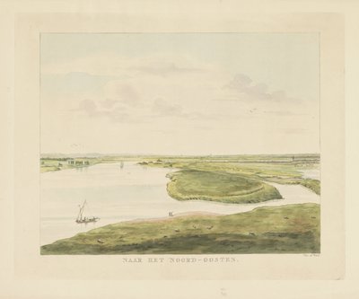 Vista del Waal al noreste de Nijmegen Al noreste (título sobre el objeto) Lugares de interés alrededor de la ciudad de Nijmegen (título de la serie) Panorama de Geldersch o vista redonda de la vida dibujada en belvedere en Nymegen (título de la serie) de Derk Anthony van de Wart