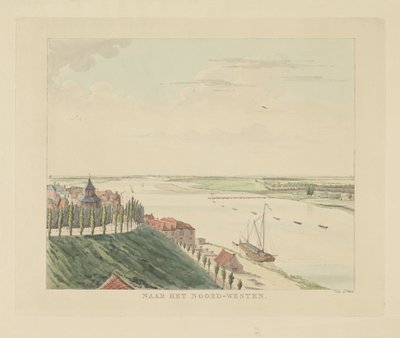 Vista del Valkhof y el Waal al noroeste de Nijmegen Al noroeste (título sobre el objeto) Lugares de interés alrededor de la ciudad de Nijmegen (título de la serie) Panorama de Geldersch o vista redonda de la vida dibujada en belvedere en Nymegen (título de de Derk Anthony van de Wart