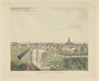 Nijmegen, vista desde el Belvédère hacia el oeste Hacia el Oeste (título sobre el objeto) Lugares de interés alrededor de la ciudad de Nijmegen (título de la serie) Panorama de Geldersch o vista redonda de la vida dibujada en belvedere en Nymegen (título d de Derk Anthony van de Wart